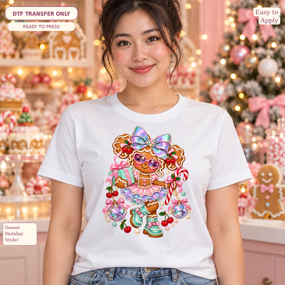 Woman wearing a white tee with a gingerbread girl, pastel bow, heart sunglasses, candy cane and disco-ball ornaments.