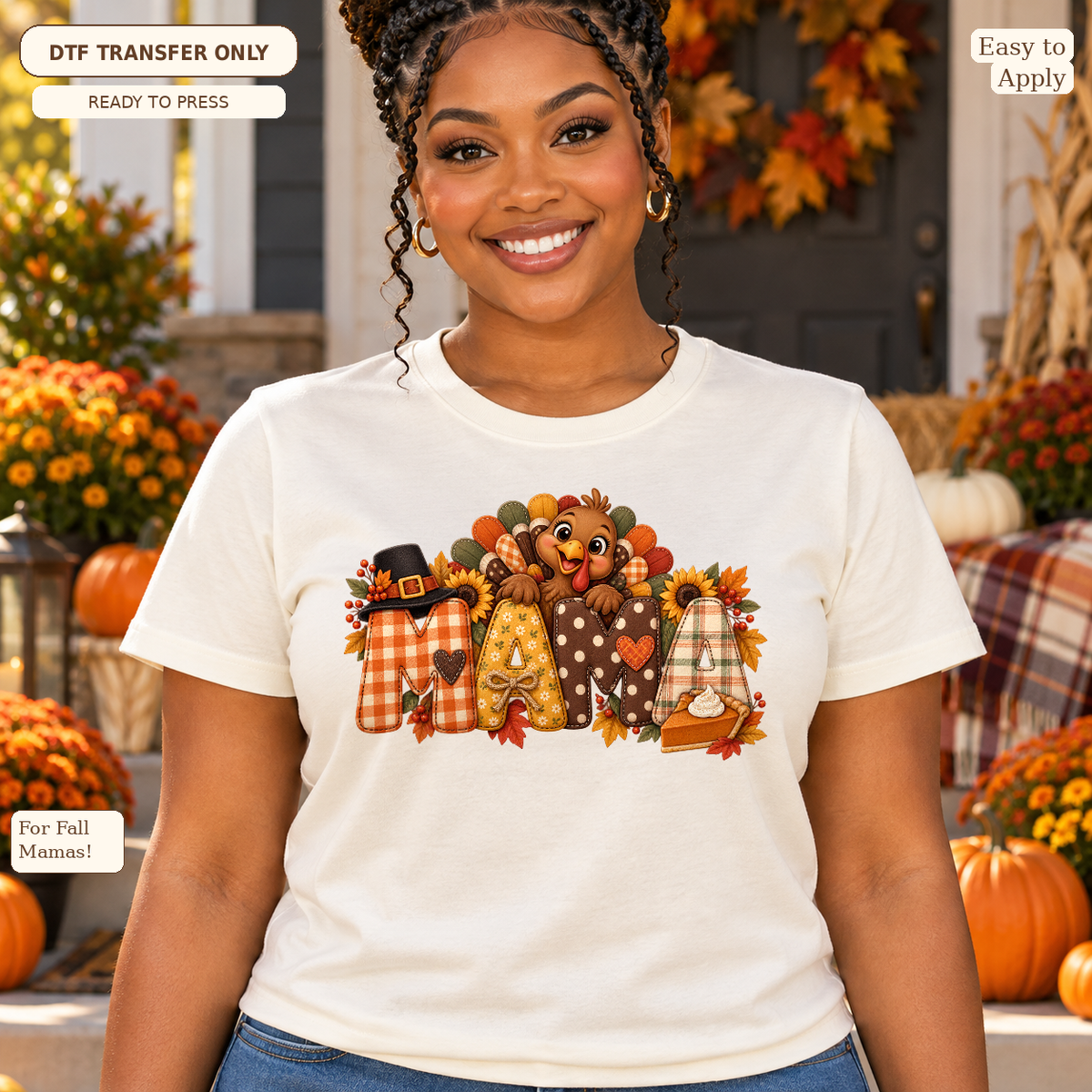 Woman in a cream tee with patchwork-style MAMA letters, a smiling turkey, autumn leaves and pie.
