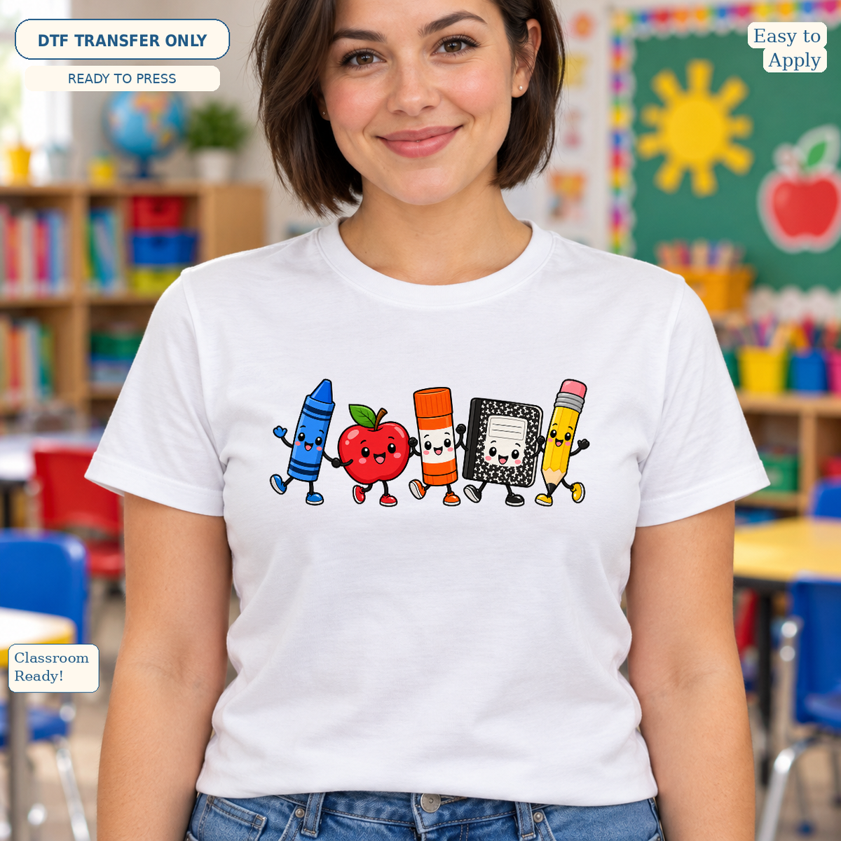 Woman wearing a white tee with smiling blue crayon, red apple, glue stick, notebook and pencil characters.