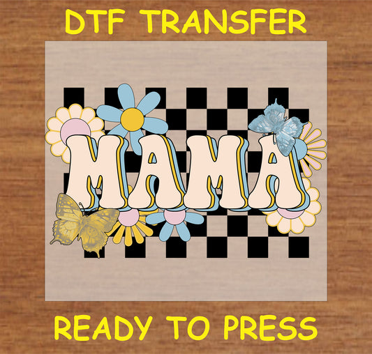 "Mama DTF Transfer with retro checkered floral and butterfly design"