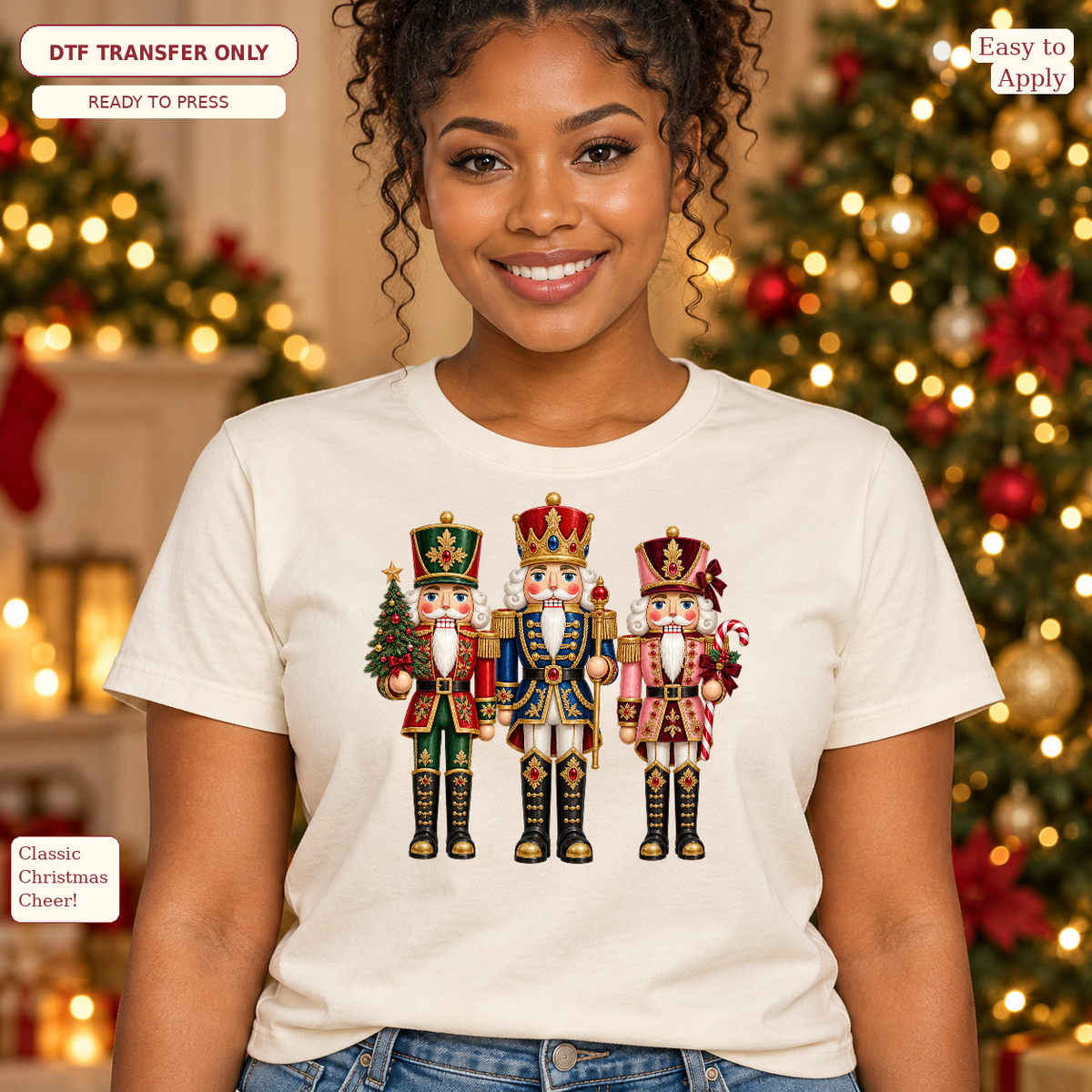 Woman in a cream tee with three colorful Christmas nutcracker soldiers and festive decorative details.