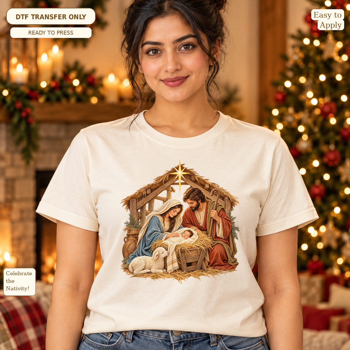 Woman in a cream tee with Mary, Joseph and baby Jesus in a manger beneath a wooden stable and bright star.