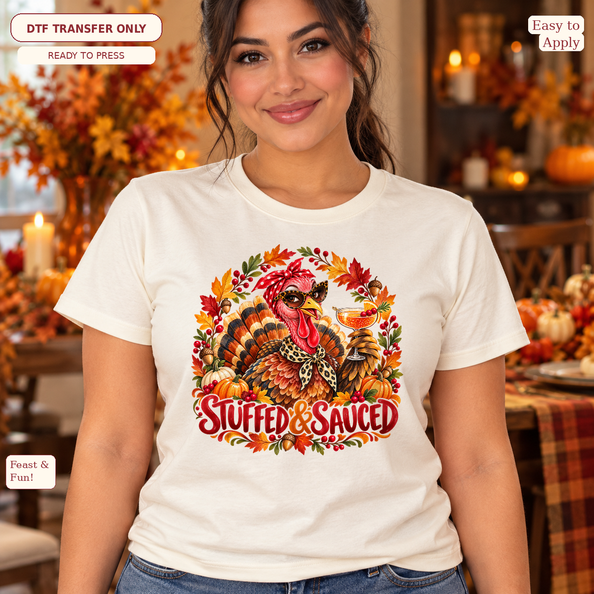 Woman wearing a cream tee with Stuffed & Sauced lettering and a turkey in sunglasses holding a cocktail.