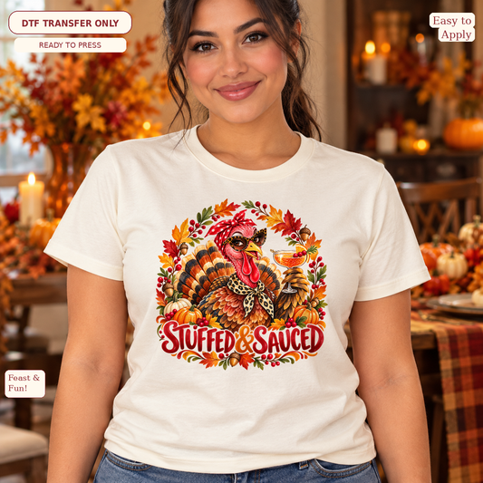Woman wearing a cream tee with Stuffed & Sauced lettering and a turkey in sunglasses holding a cocktail.