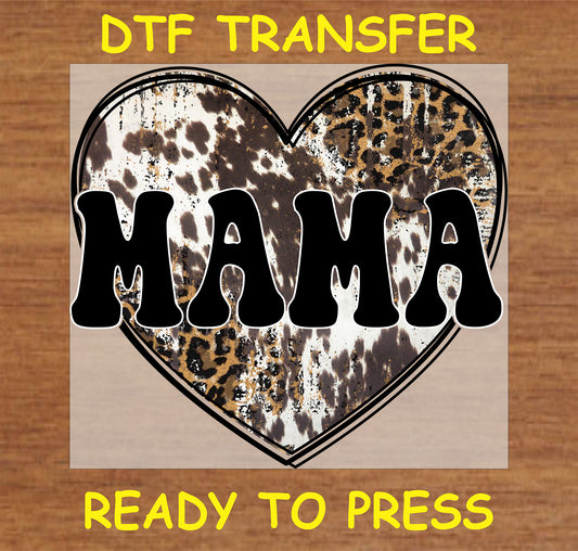 "Mama DTF Transfer with distressed leopard heart design"