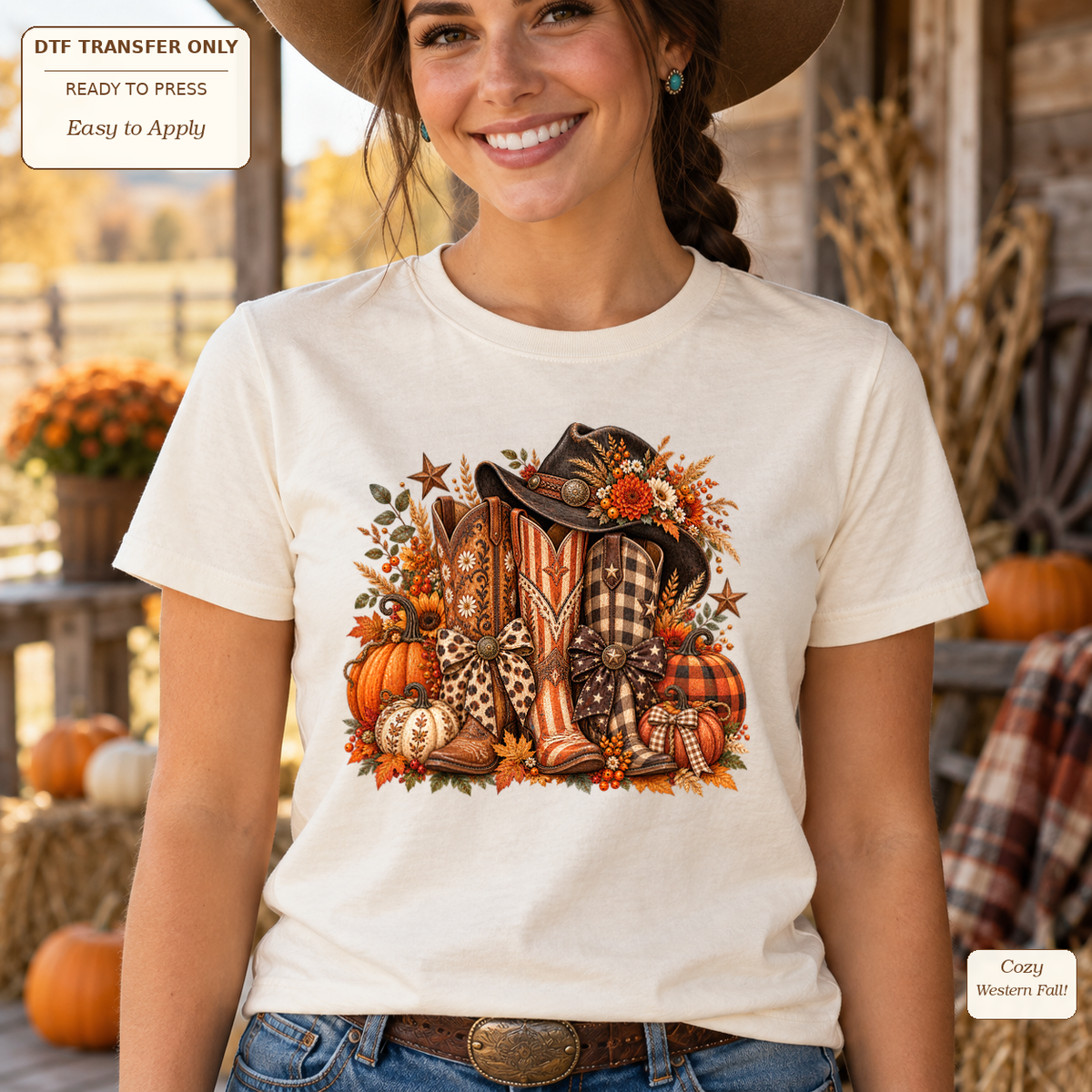 Woman in a cream tee and cowboy hat wearing autumn artwork with cowboy boots, a hat, pumpkins and flowers.