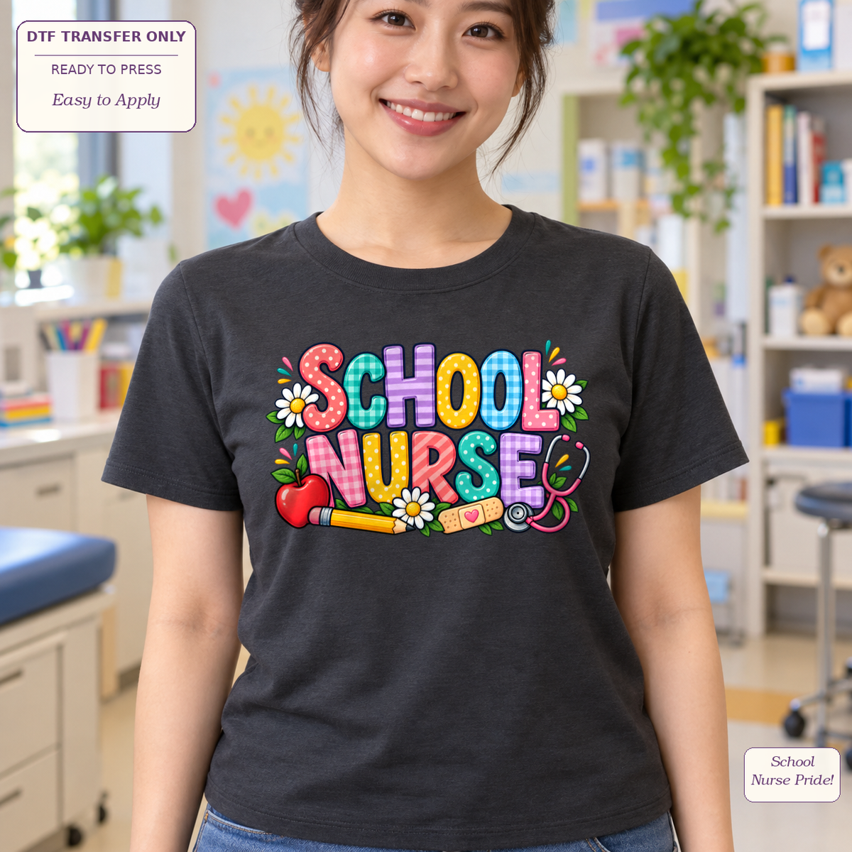 Woman wearing a charcoal tee with colorful patterned SCHOOL NURSE lettering, daisies, a pencil and a stethoscope.