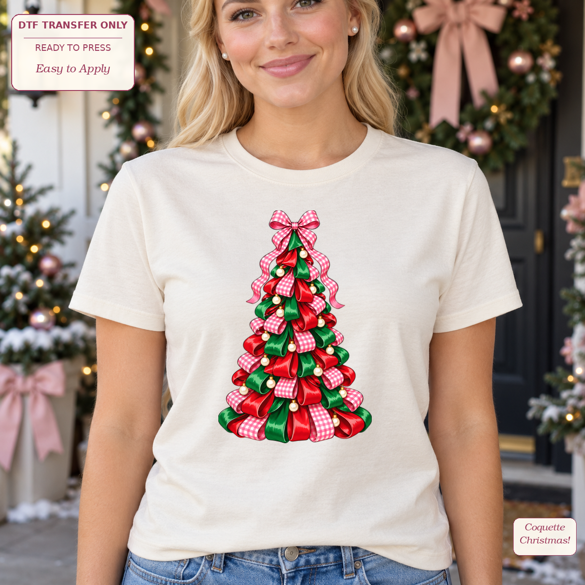Woman in a cream tee with a Christmas tree formed from pink gingham and green ribbons, topped with a pink bow.