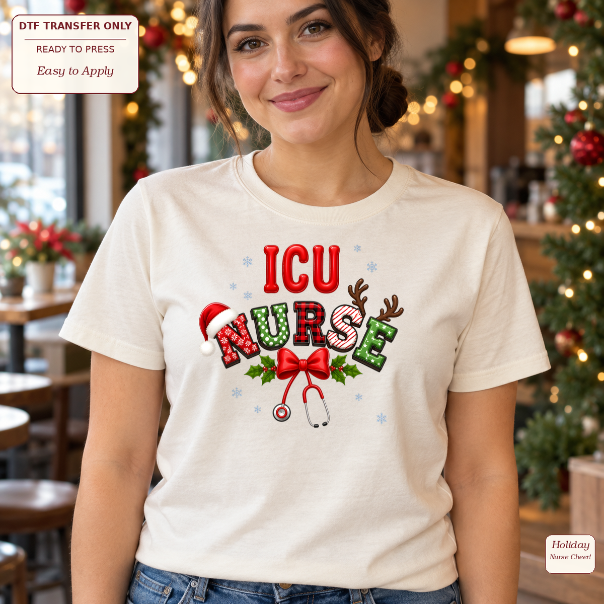 Woman wearing a cream tee with festive ICU NURSE letters, a Santa hat, antlers and a red-bow stethoscope.