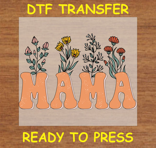 "Mama DTF Transfer with boho floral design in earthy tones"