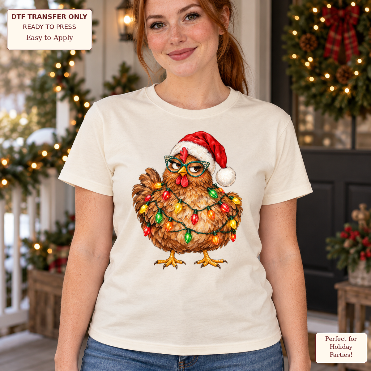 Woman wearing a cream tee with a chicken in glasses and a Santa hat wrapped in colorful Christmas lights.