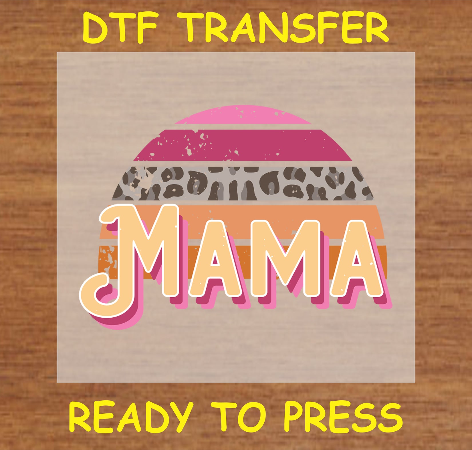 "Mama DTF Transfer with retro sunset and animal print design"