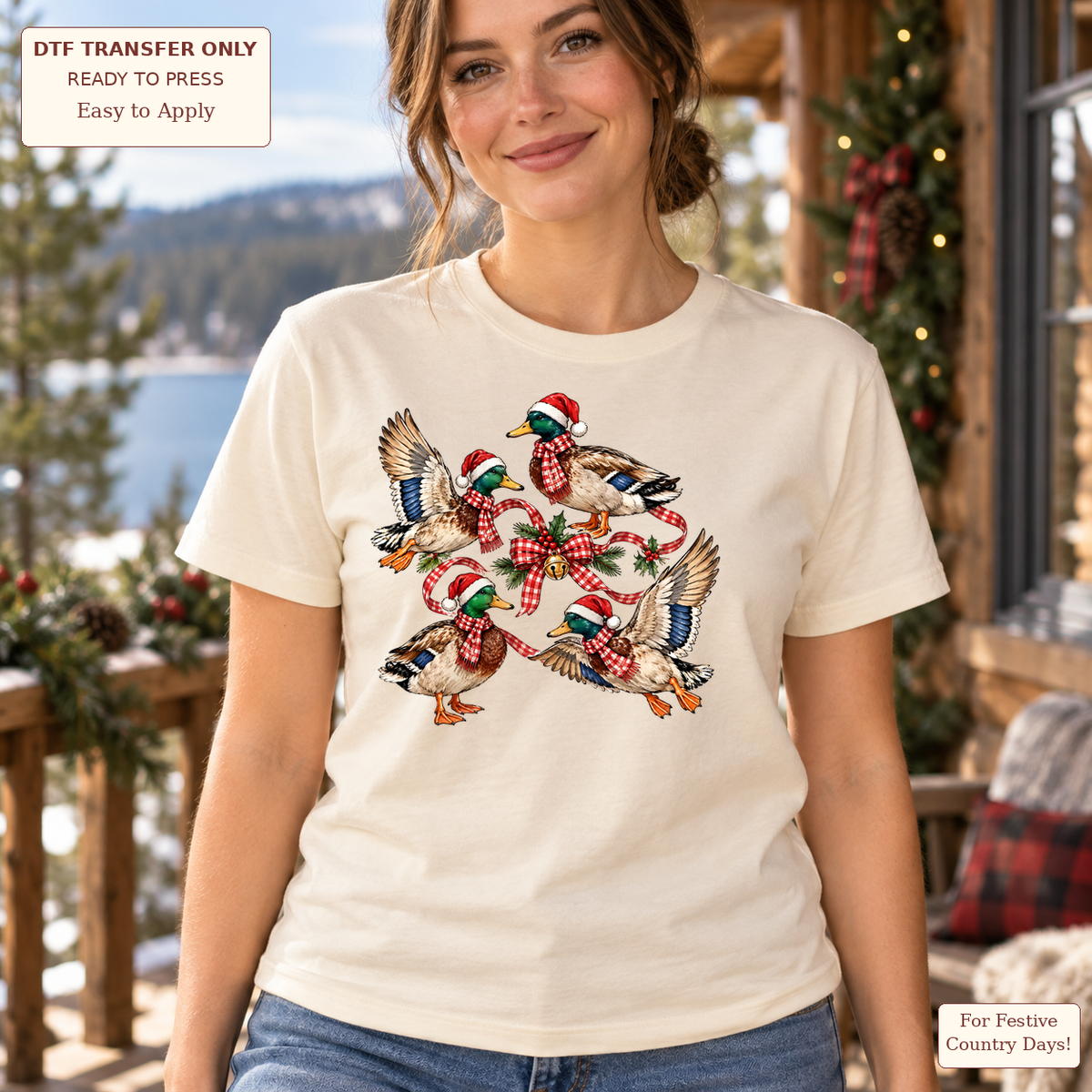 Woman in a cream tee with four mallard ducks wearing Santa hats and scarves around a festive plaid bow.
