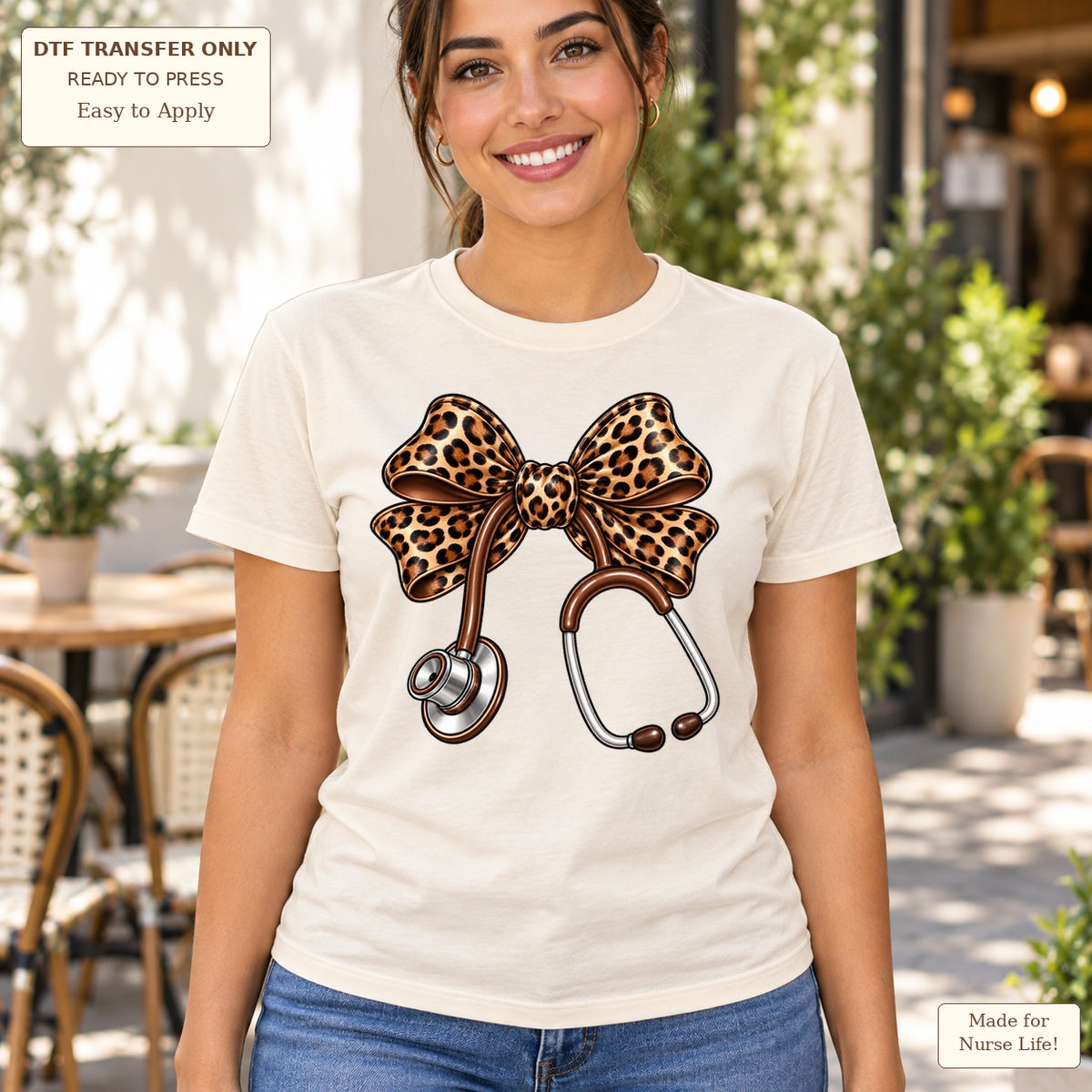 Woman in a cream tee with a stethoscope tied with a large leopard-print bow.
