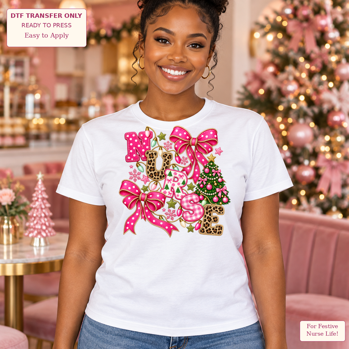 Woman wearing a white tee with stacked NURSE letters in pink and leopard patterns, pink bows and a decorated Christmas tree.