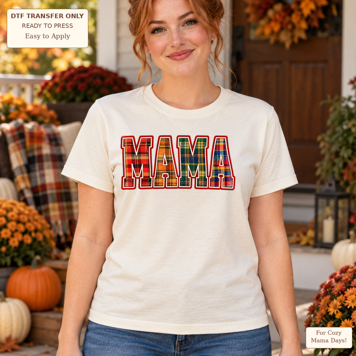 Woman wearing a cream tee with large MAMA block lettering filled with colorful plaid patterns and outlined in red.