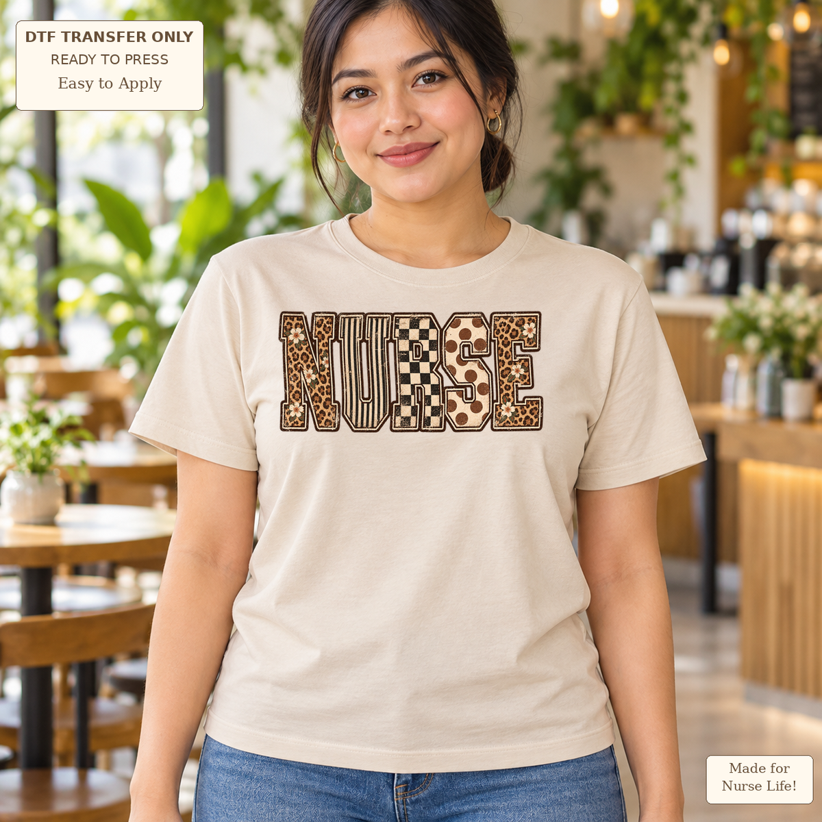 Woman in a cream tee with NURSE block letters filled with neutral leopard, stripe and checkerboard patterns.