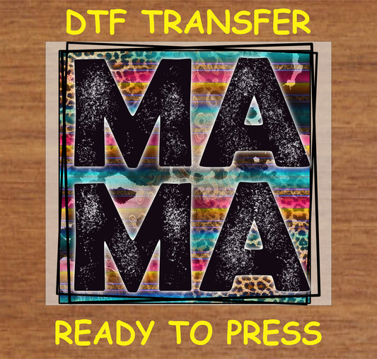 "Mama DTF Transfer with bold stripes, distressed look, and animal print design"