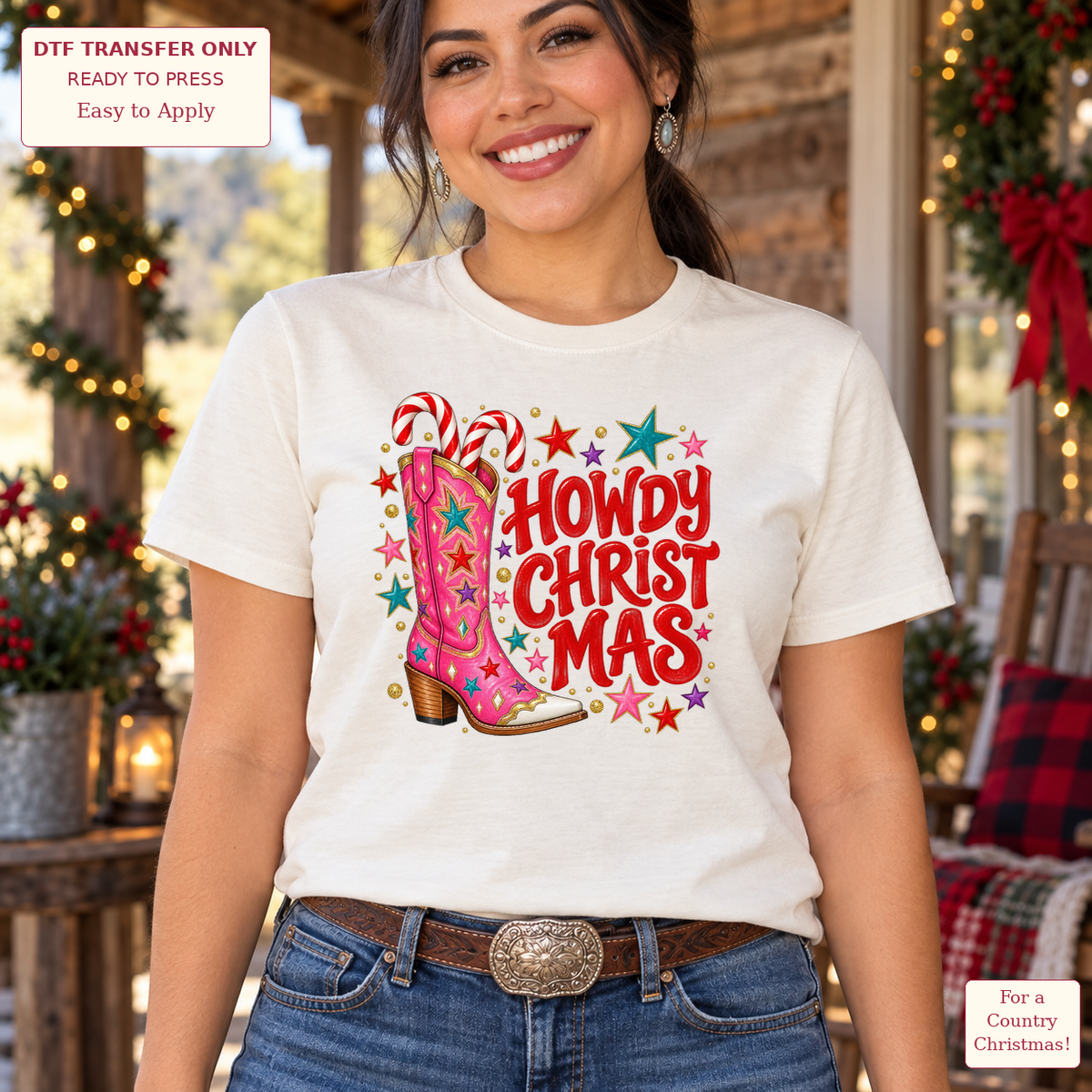 Woman wearing a cream tee with Howdy Christmas lettering beside a pink cowboy boot, candy canes and colorful stars.