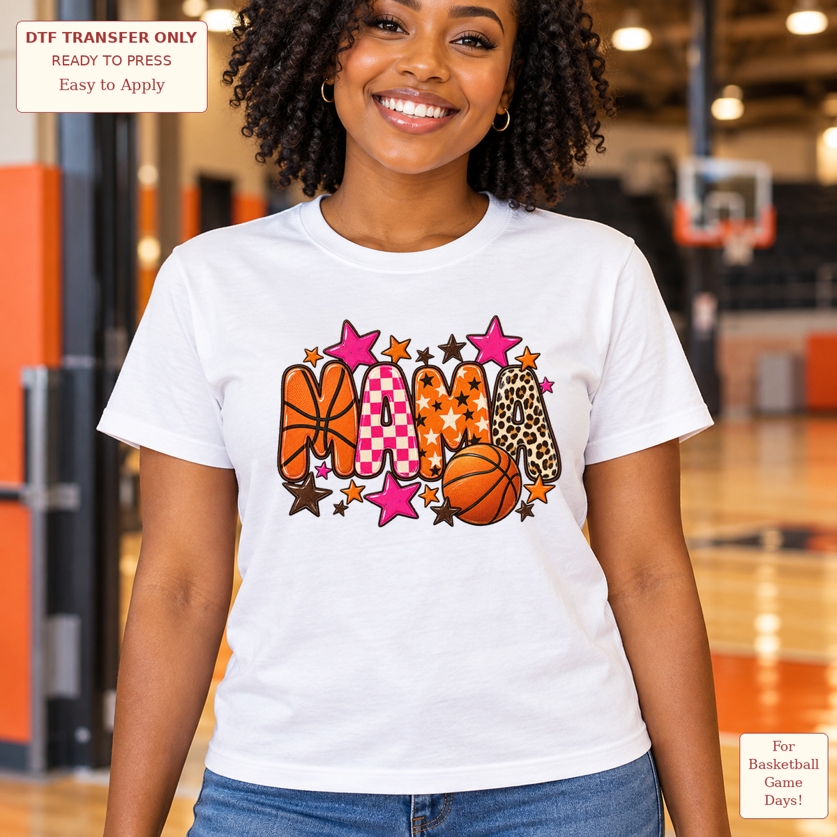 Woman wearing a white tee with patterned MAMA lettering, orange basketballs and pink, orange and brown stars.