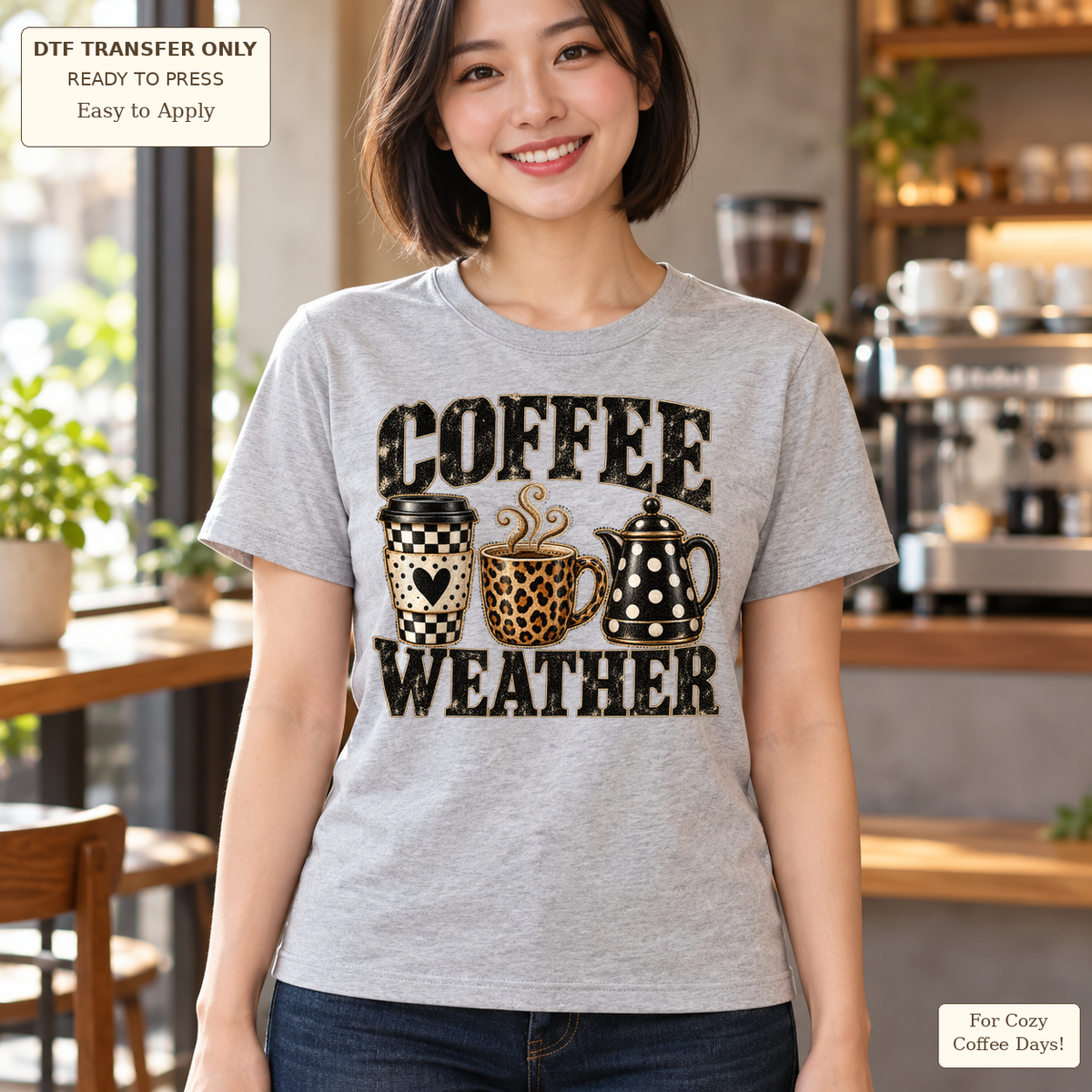 Woman in a gray tee with COFFEE WEATHER lettering and patterned drinkware with checkerboard, leopard and polka-dot details.