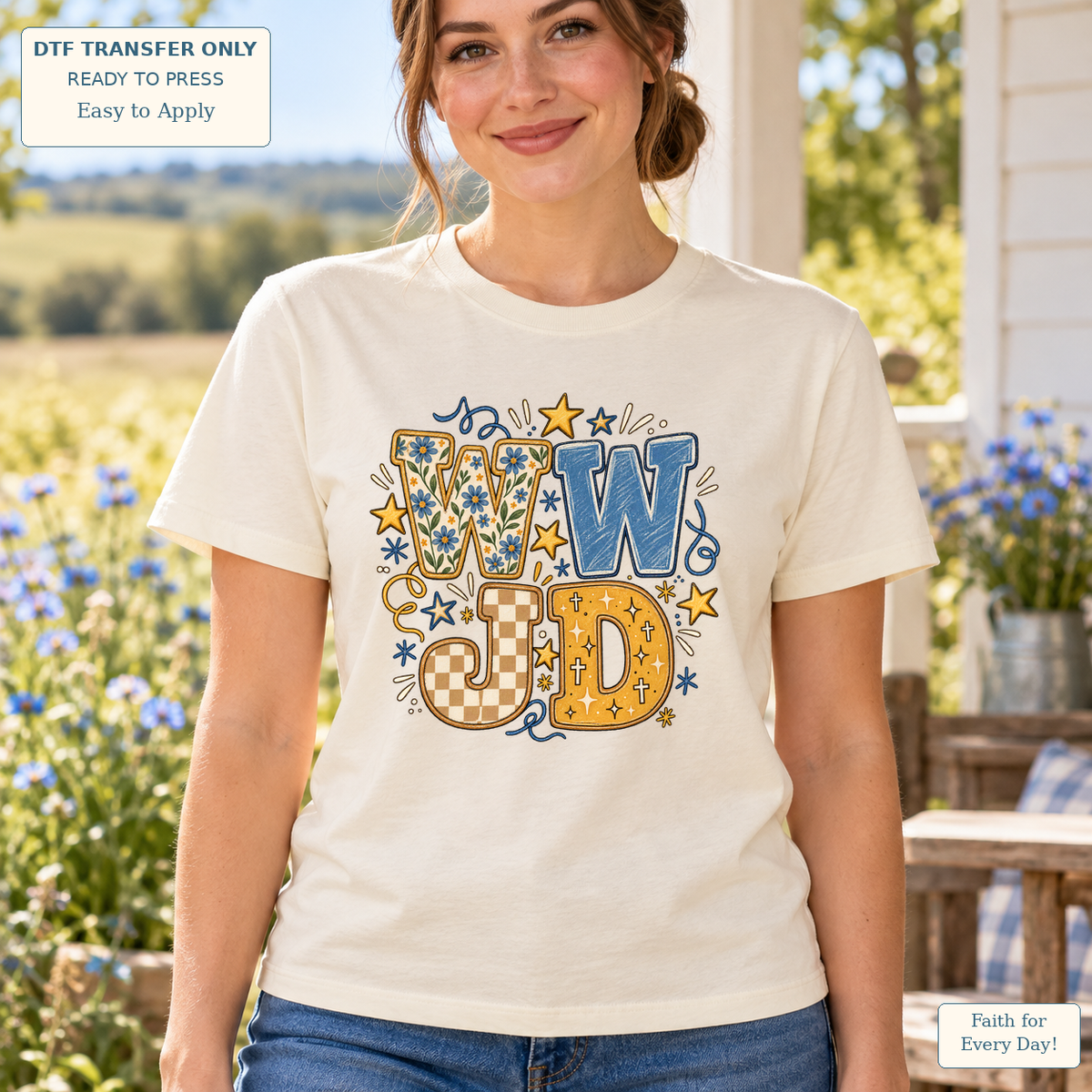 Woman wearing a cream tee with blue and gold WWJD letters in floral and checkerboard patterns with small stars.
