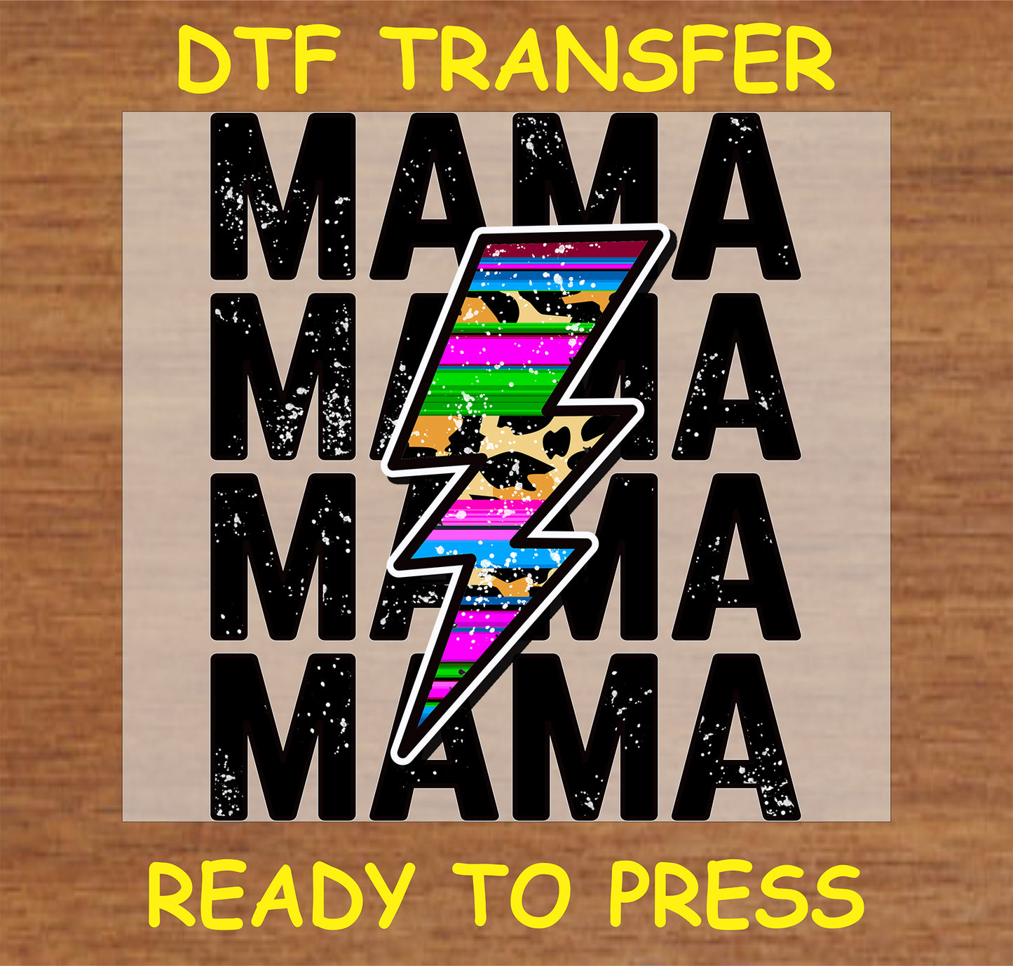 "Mama DTF Transfer with bold lightning bolt, stripes, and animal print design"