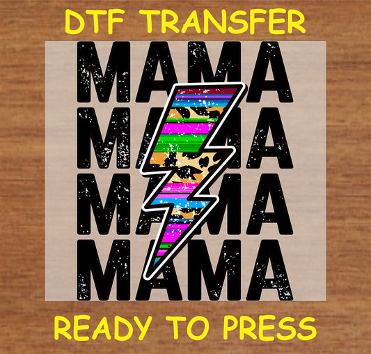 "Mama DTF Transfer with bold lightning bolt, stripes, and animal print design"