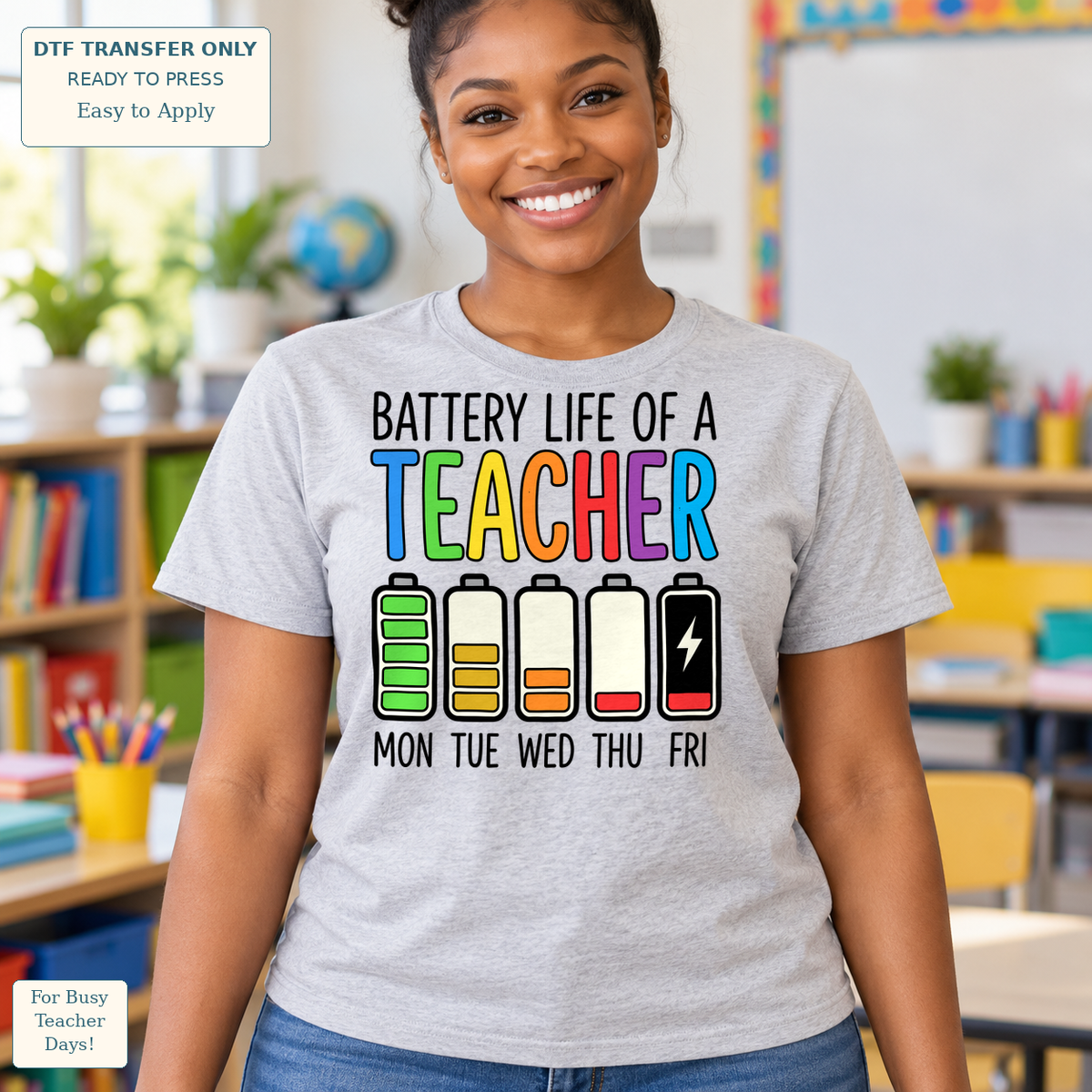 Woman in a gray tee with Battery Life of a Teacher wording and five weekday battery icons showing decreasing charge.