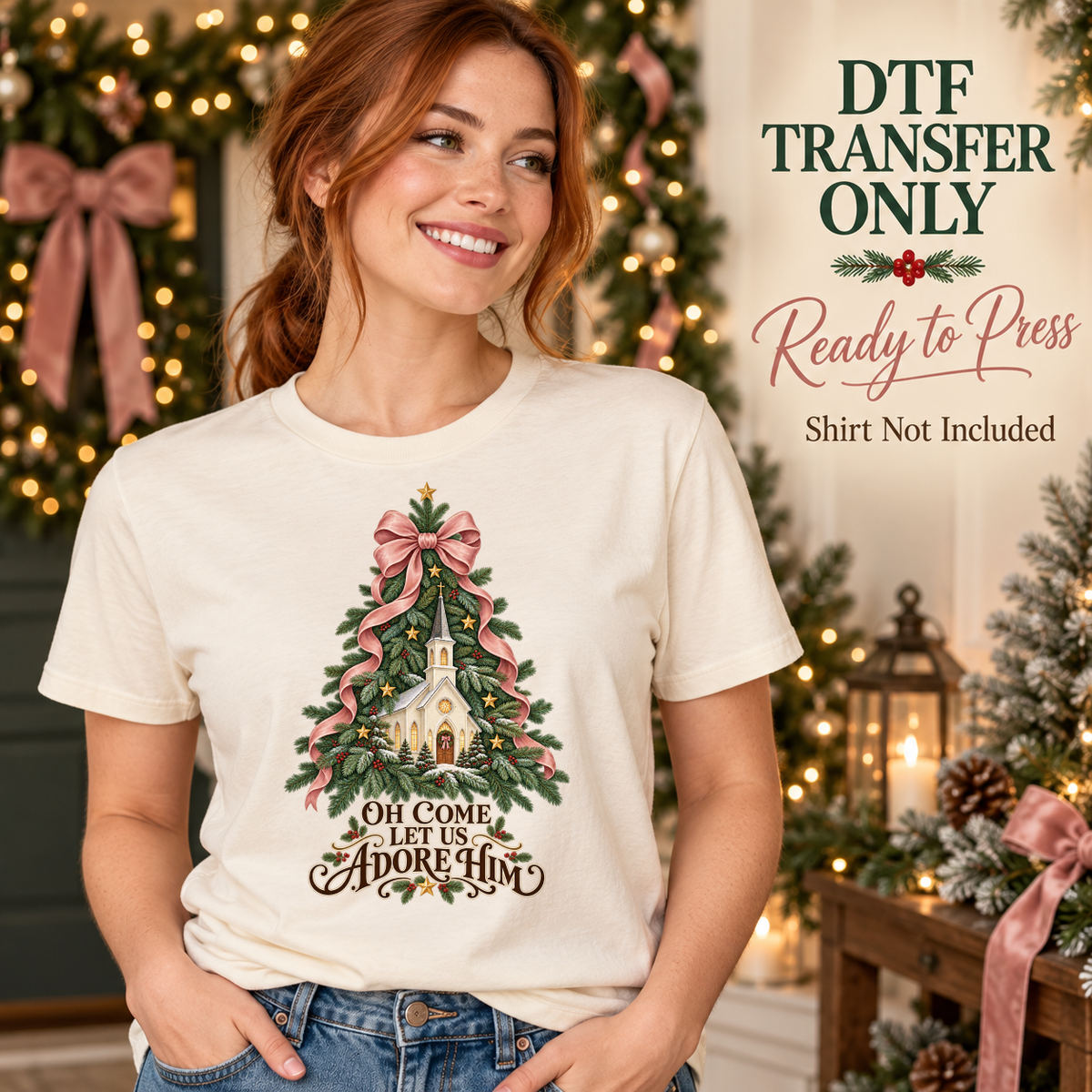 Woman in a cream tee with a church inside a green Christmas tree, pink ribbon and Oh Come Let Us Adore Him text.
