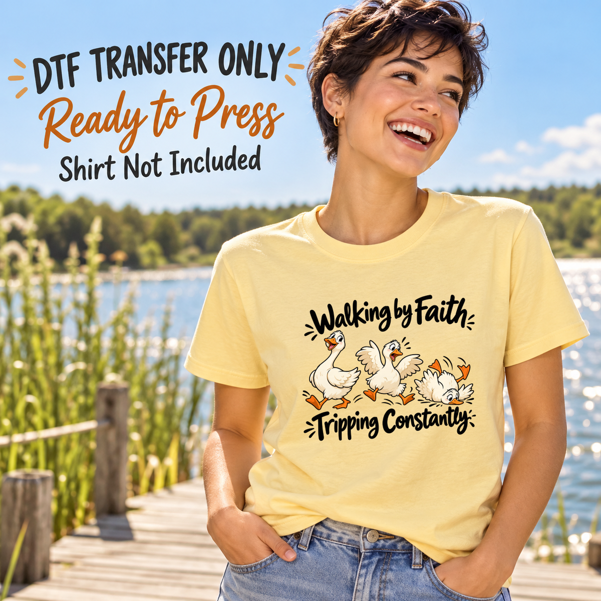 Woman wearing a yellow tee with Walking by Faith Tripping Constantly text and white geese walking and stumbling.