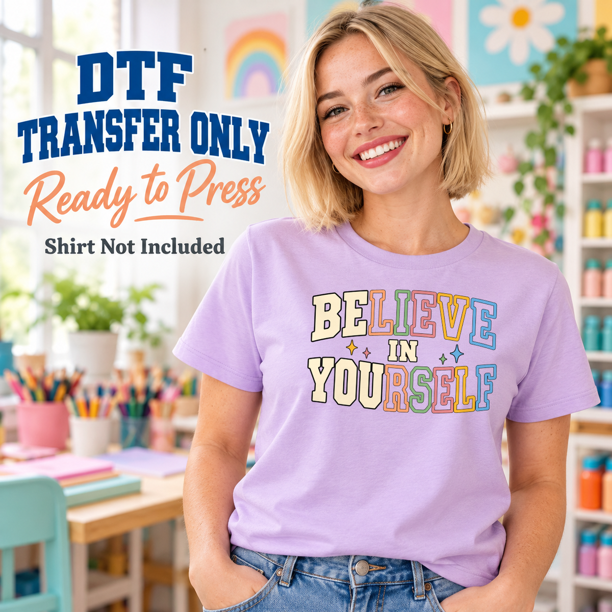 Woman wearing a lavender tee with pastel Believe in Yourself block letters and small star accents.
