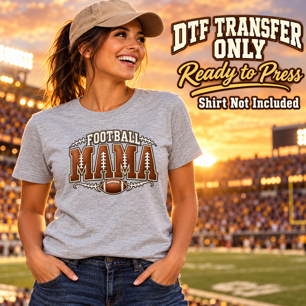 Woman wearing a gray tee with Football Mama lettering in football-style brown and a football below.