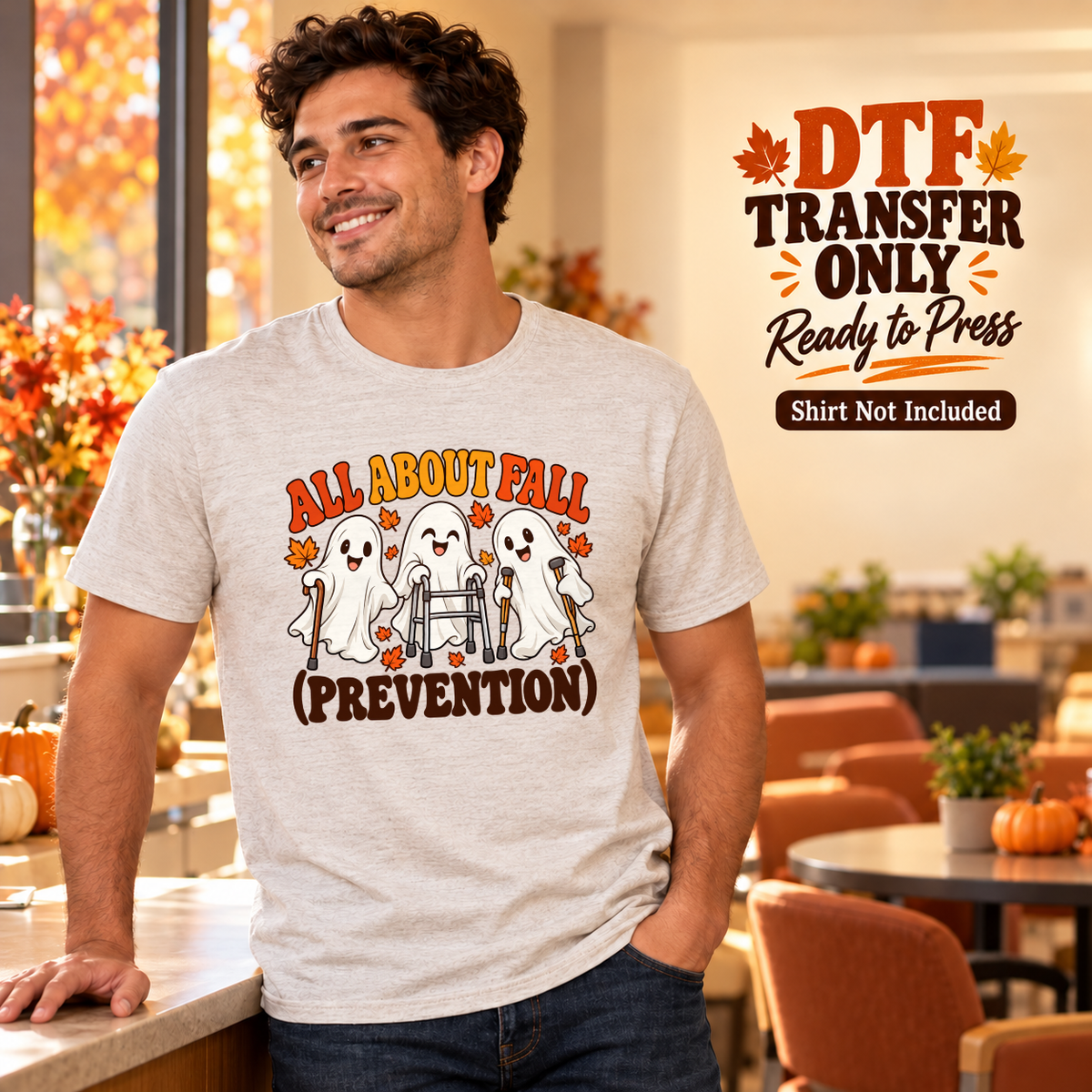Man wearing a light gray tee with All About Fall Prevention text and three ghosts using a cane, walker and crutches.