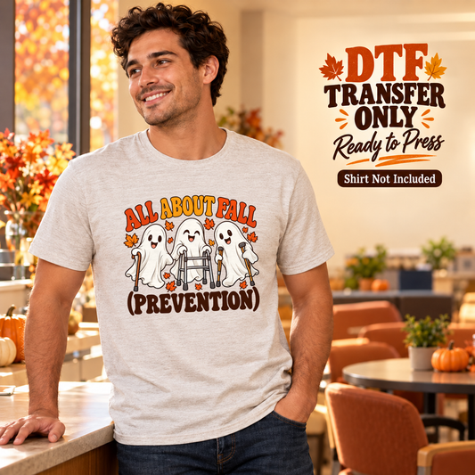 Man wearing a light gray tee with All About Fall Prevention text and three ghosts using a cane, walker and crutches.