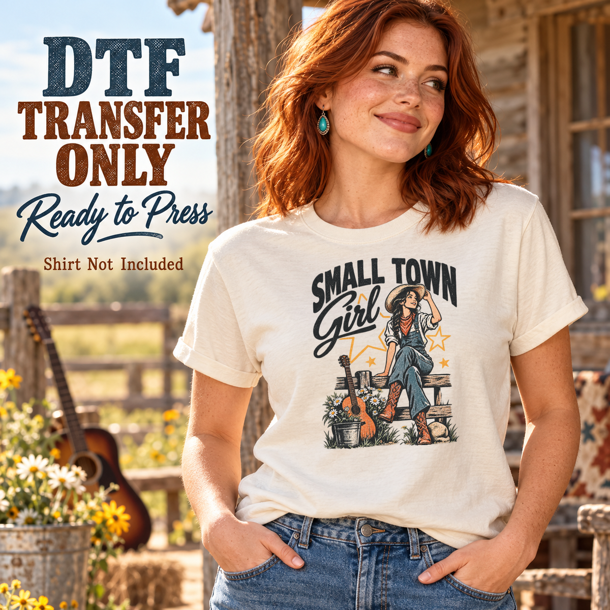 Woman wearing a cream tee with Small Town Girl lettering and a cowgirl in western clothing.
