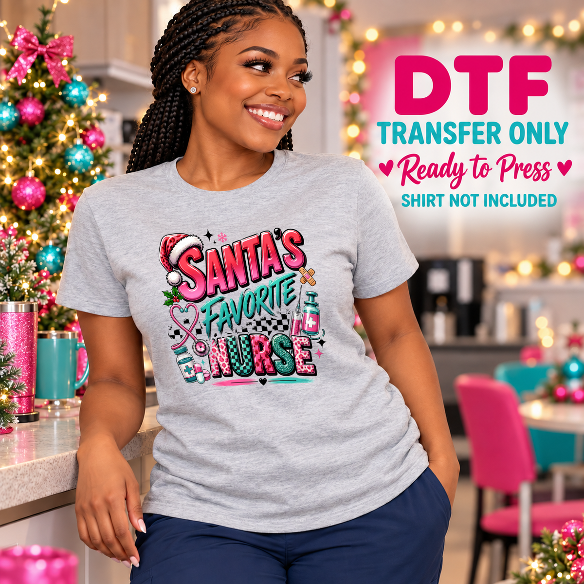Woman wearing a gray tee with pink and teal Santa’s Favorite Nurse lettering and medical-themed decorative details.