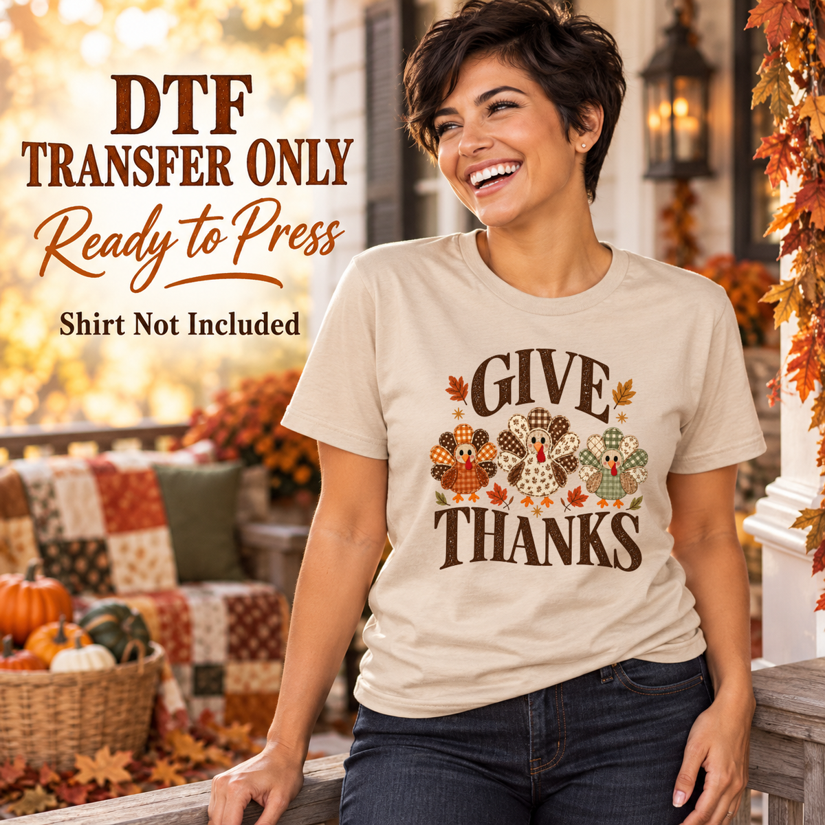 Woman wearing a beige tee with Give Thanks lettering around three turkeys with mixed patterned feathers.