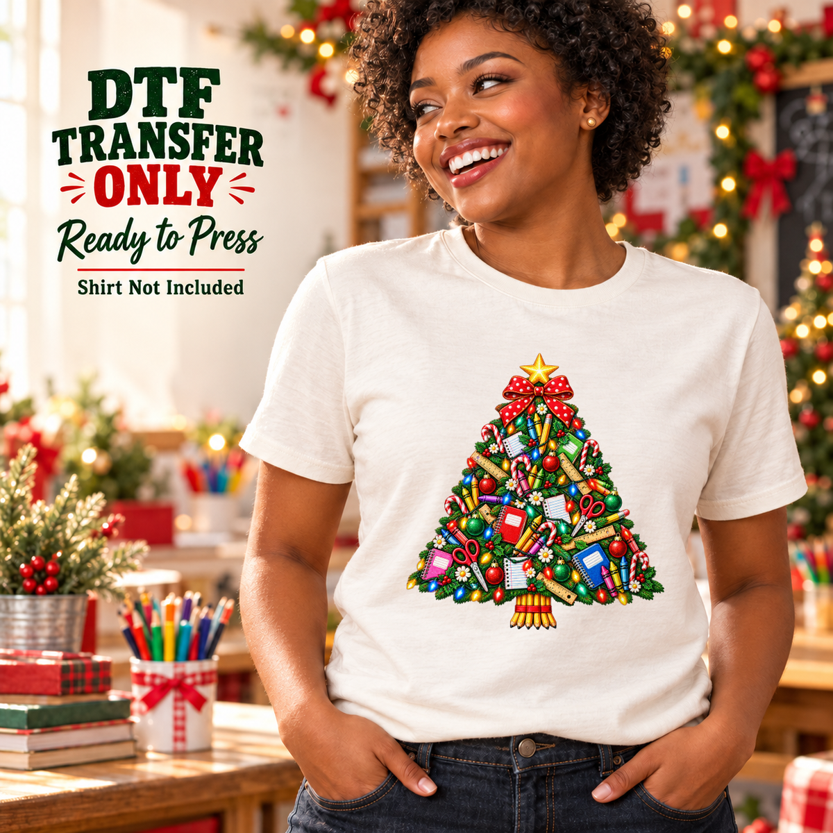 Woman wearing a cream tee with a Christmas tree decorated with books, pencils, scissors and school supplies.