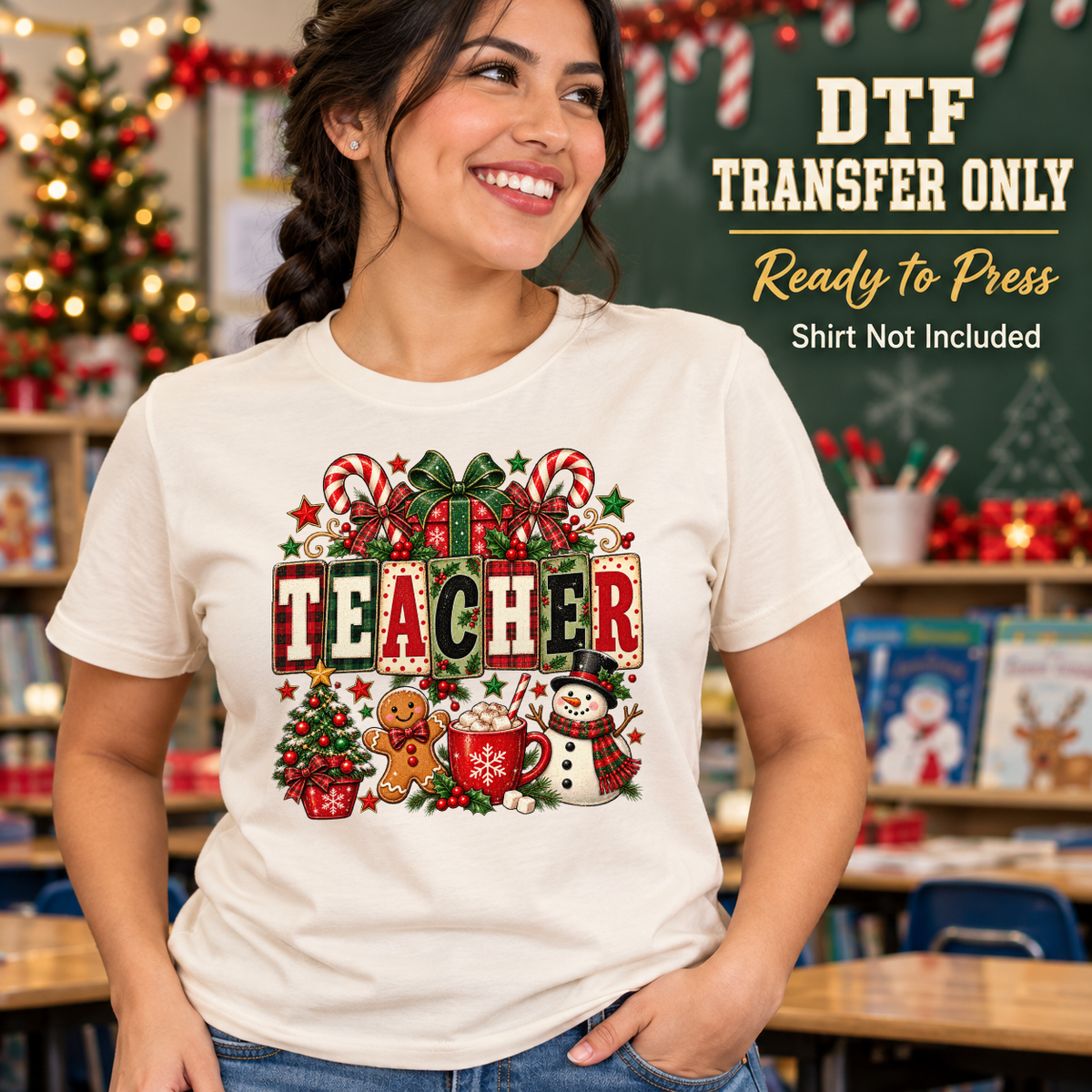 Woman in a cream tee with TEACHER lettering, a gingerbread character, snowman, candy canes and Christmas decorations.