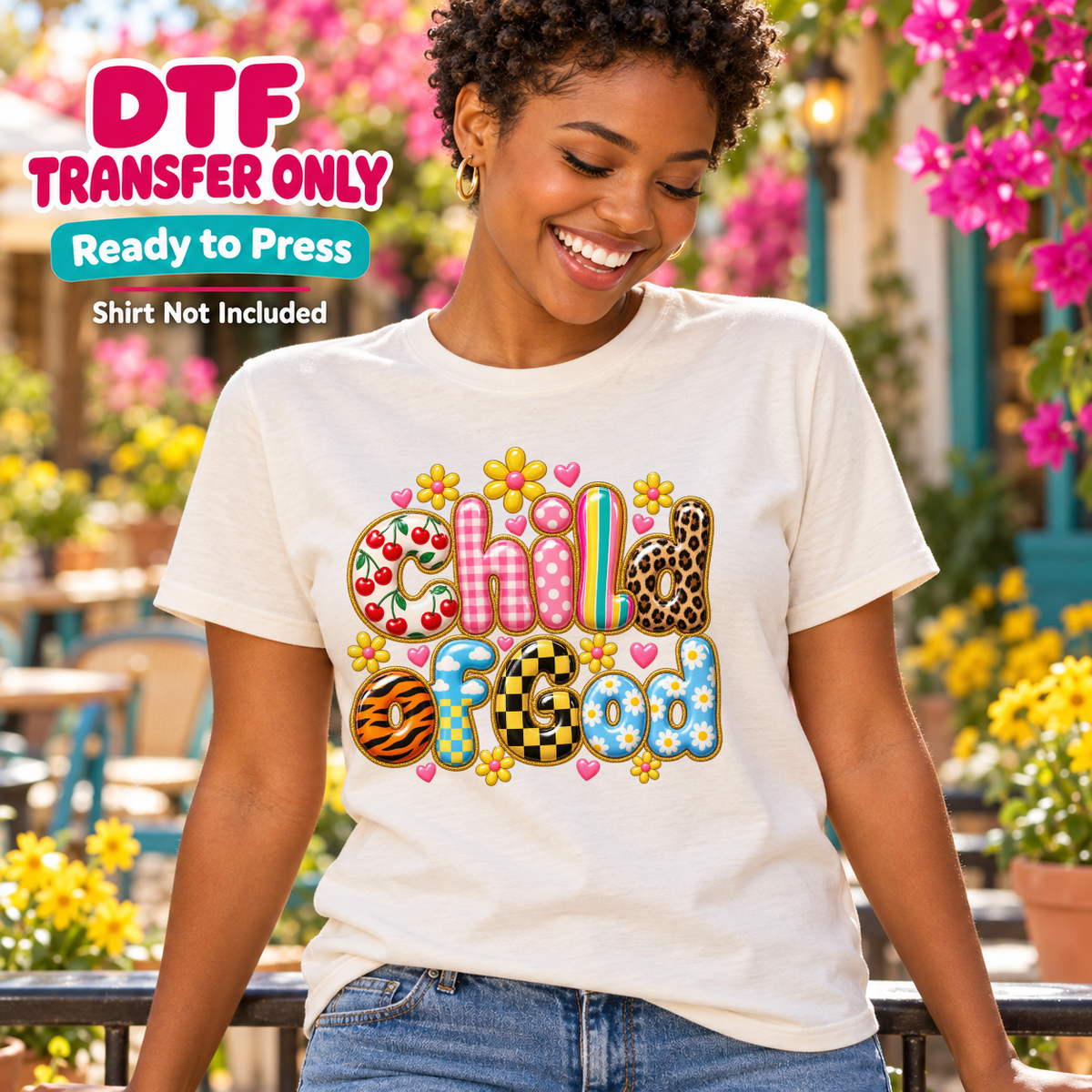 Woman wearing a cream tee with colorful child free letters in floral, animal-print and checkerboard patterns.