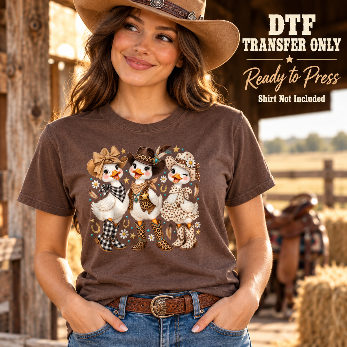 Woman wearing a brown tee with three ducks dressed in western hats, patterned bows and cowboy boots.