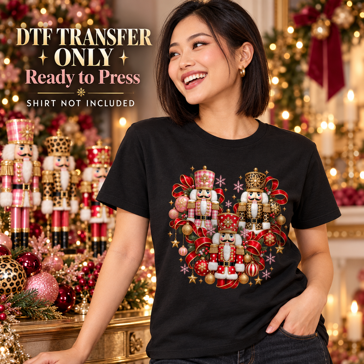 Woman in a black tee with three decorative nutcrackers, plaid and leopard patterns, red bows and Christmas ornaments.