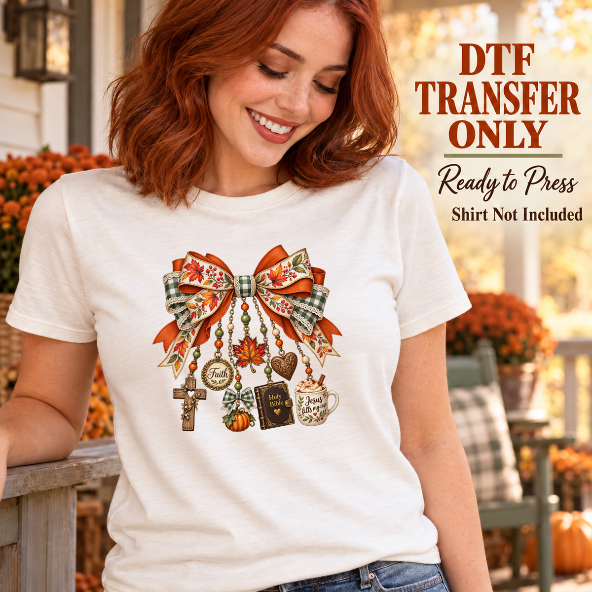 Woman in a cream tee with an autumn-patterned bow and hanging illustrated charms including a cross, Bible, pumpkin and mug.