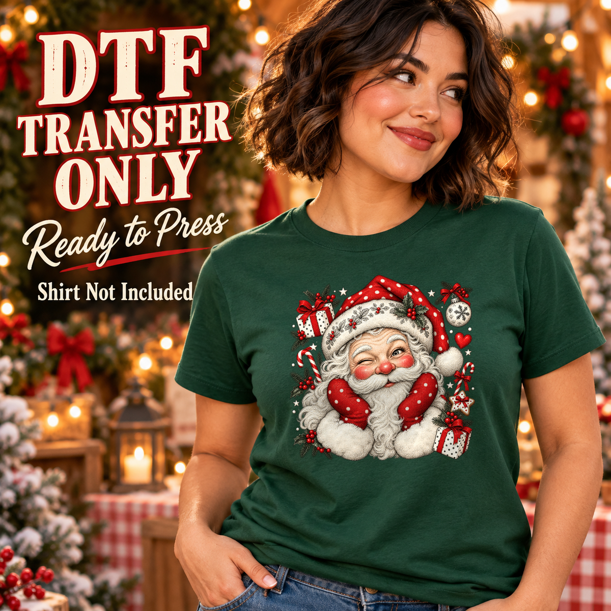 Woman wearing a dark green tee with a smiling vintage-style Santa face, red winter accessories and small festive accents.