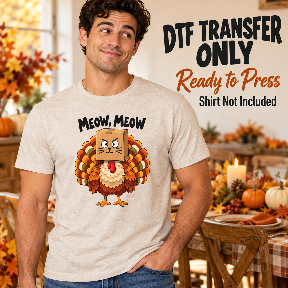 Man wearing a beige tee with black Meow, Meow text and a turkey hiding its head in a box drawn with a cat face.