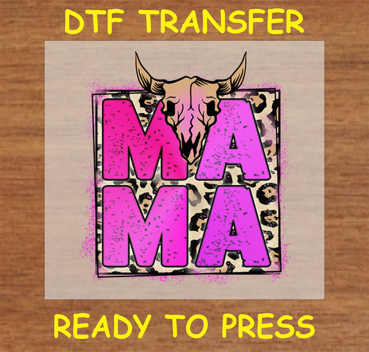 "Mama DTF Transfer with pink 'MAMA' text, leopard print background, and cow skull design"