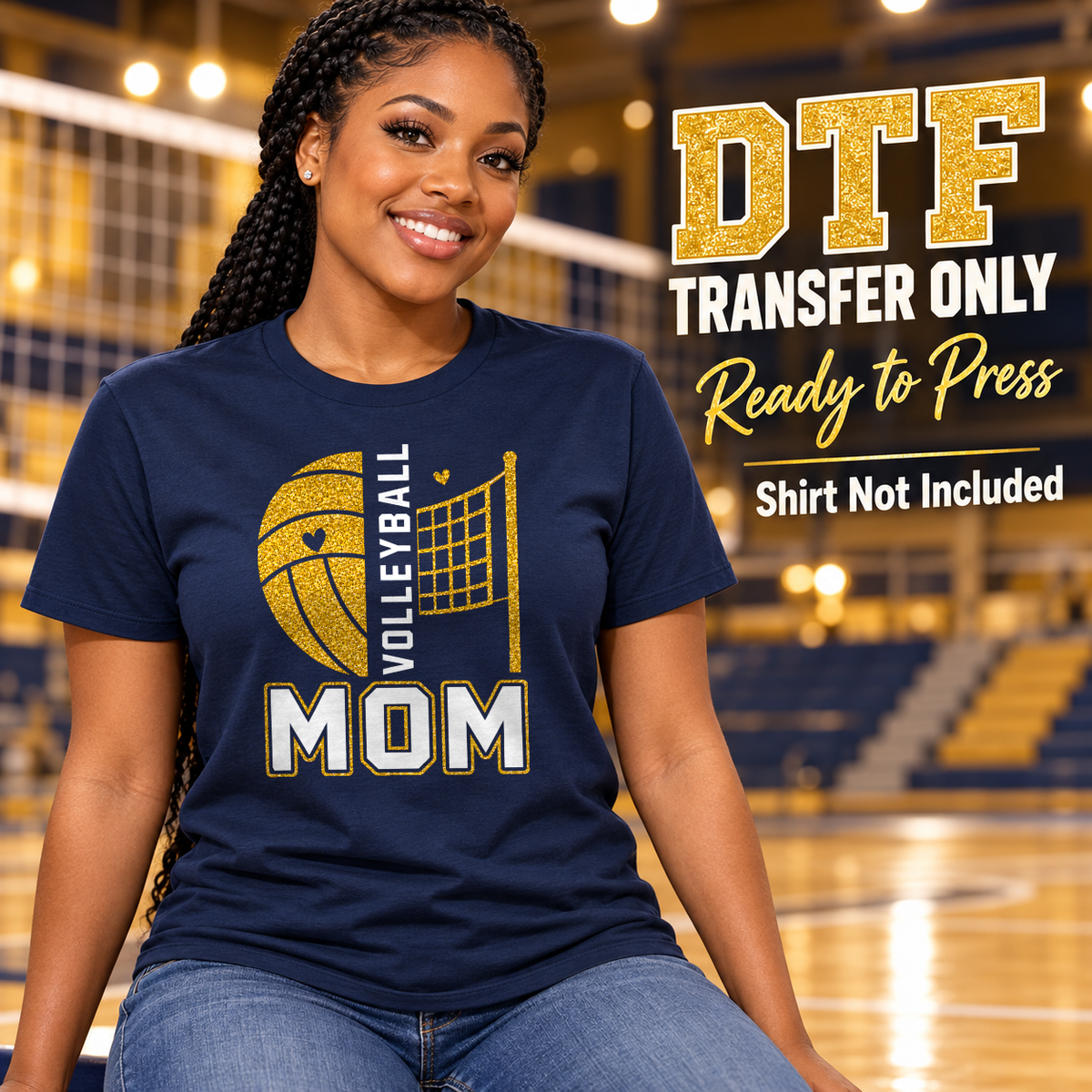 Woman wearing a navy tee with a gold glitter-effect volleyball and net, white VOLLEYBALL text and white MOM letters.
