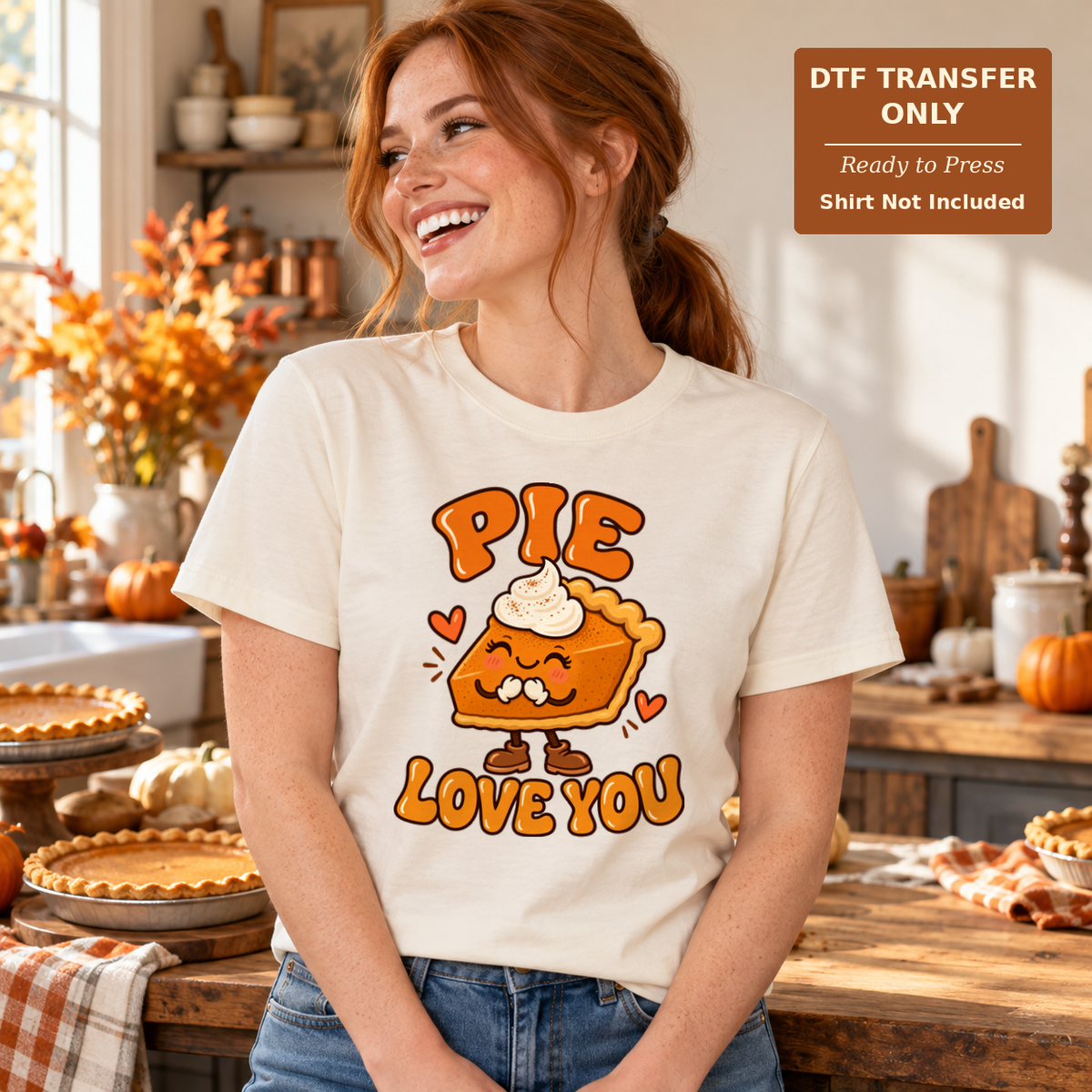 Woman wearing a cream tee with orange Pie Love You lettering and a smiling slice of pie topped with whipped cream.