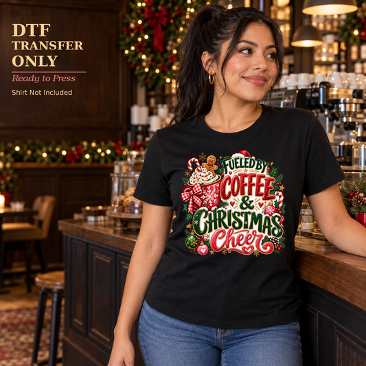 Woman wearing a black Fueled by Coffee & Christmas Cheer graphic shirt in a Christmas-decorated coffee shop.